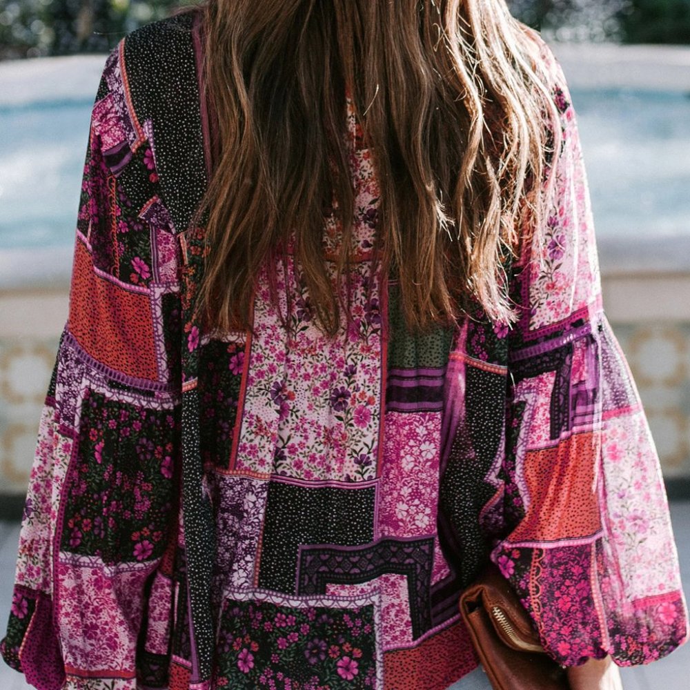 Rose Cottagecore Floral Print Patchwork Tunic Top - Picture 4 of 12